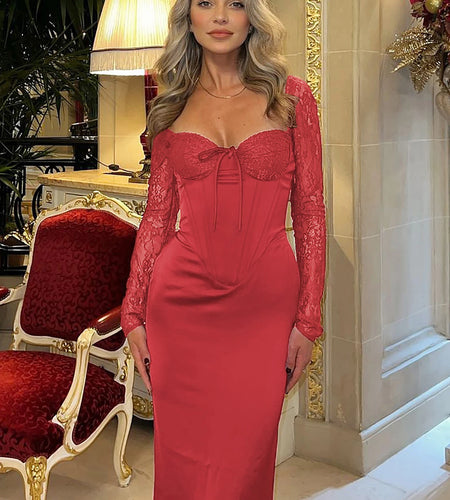 Solid Square Collar Long Sleeve Patchwork Bandage Zipper Sexy Maxi Dress Spring Elegant Outfits Evening Party Birthday