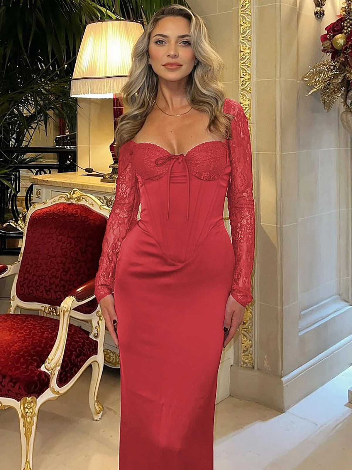 Solid Square Collar Long Sleeve Patchwork Bandage Zipper Sexy Maxi Dress Spring Elegant Outfits Evening Party Birthday