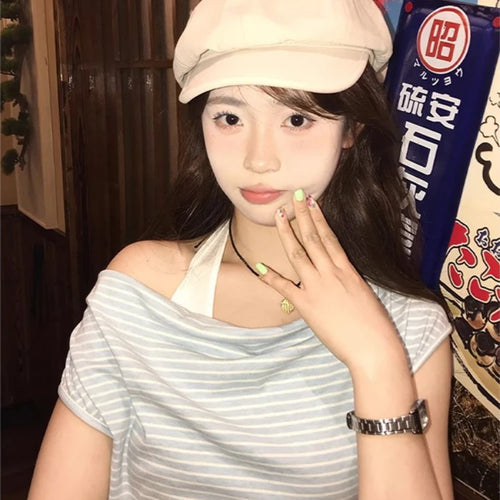 Load image into Gallery viewer, 2025 Harajuku Fake Two Pieces Stripe T-shirt Women Y2k Aesthetic Halter Patchwork Grunge Tees Streetwear Casual Pleated Tshirts
