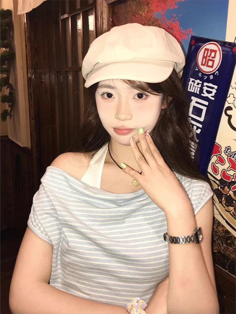 2025 Harajuku Fake Two Pieces Stripe T-shirt Women Y2k Aesthetic Halter Patchwork Grunge Tees Streetwear Casual Pleated Tshirts