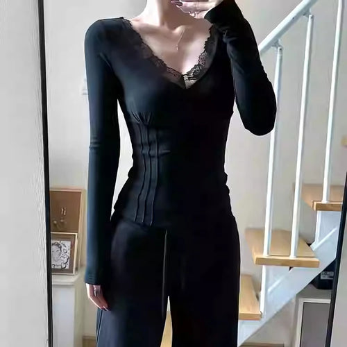 Load image into Gallery viewer, Sexy Lace Patchwork Cropped Tops Women Y2k Aesthetic Bodycon Vintage T-shirt Harajuku Fairy Grunge Pleated Clothes Streetwear
