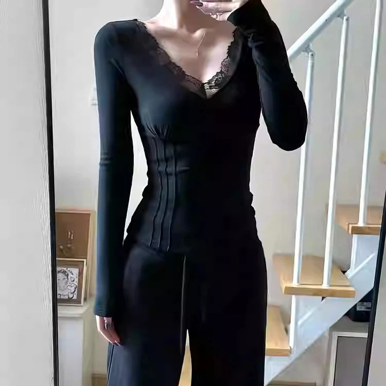 Sexy Lace Patchwork Cropped Tops Women Y2k Aesthetic Bodycon Vintage T-shirt Harajuku Fairy Grunge Pleated Clothes Streetwear