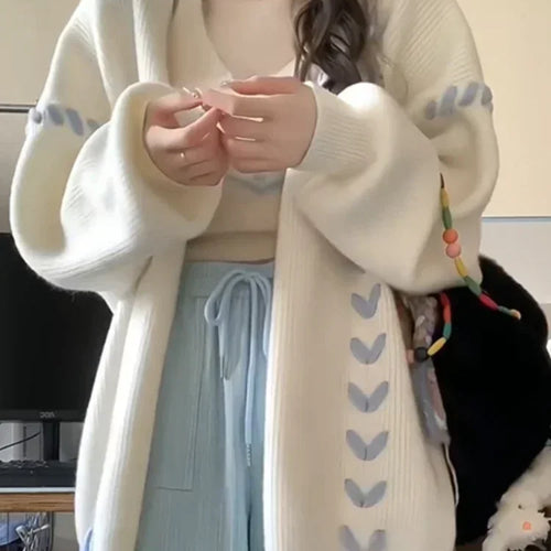 Load image into Gallery viewer, Grunge Casual Loose White Vintage Cardigans Y2k Aesthetic Fashion Bandage All Match Coats Women Autumn Oversized Preppy Sweater
