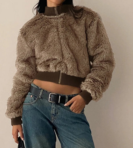 Fluffy Maillard Brown Faux Fur Jacket Women Autumn Winter Warm Crop Zip-Up Coat Outwear Vintage Jackets Fashion Coats