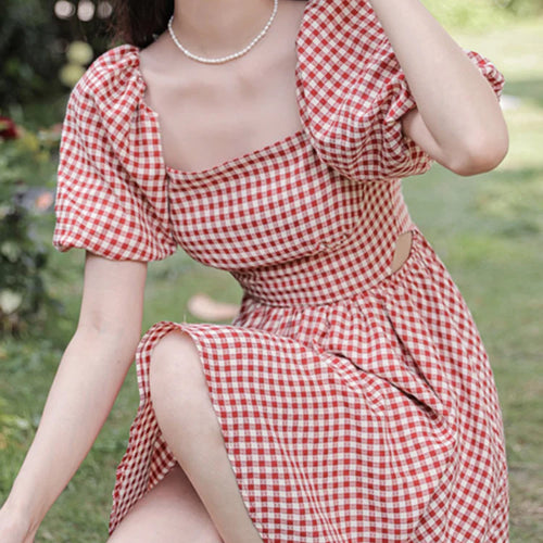 Load image into Gallery viewer, Red Plaid Puff Sleeve Ruffles Women&#39;s Dresses Hollow Square Neck Spell Color Female Dress Beach Style Vacation Chic Dress
