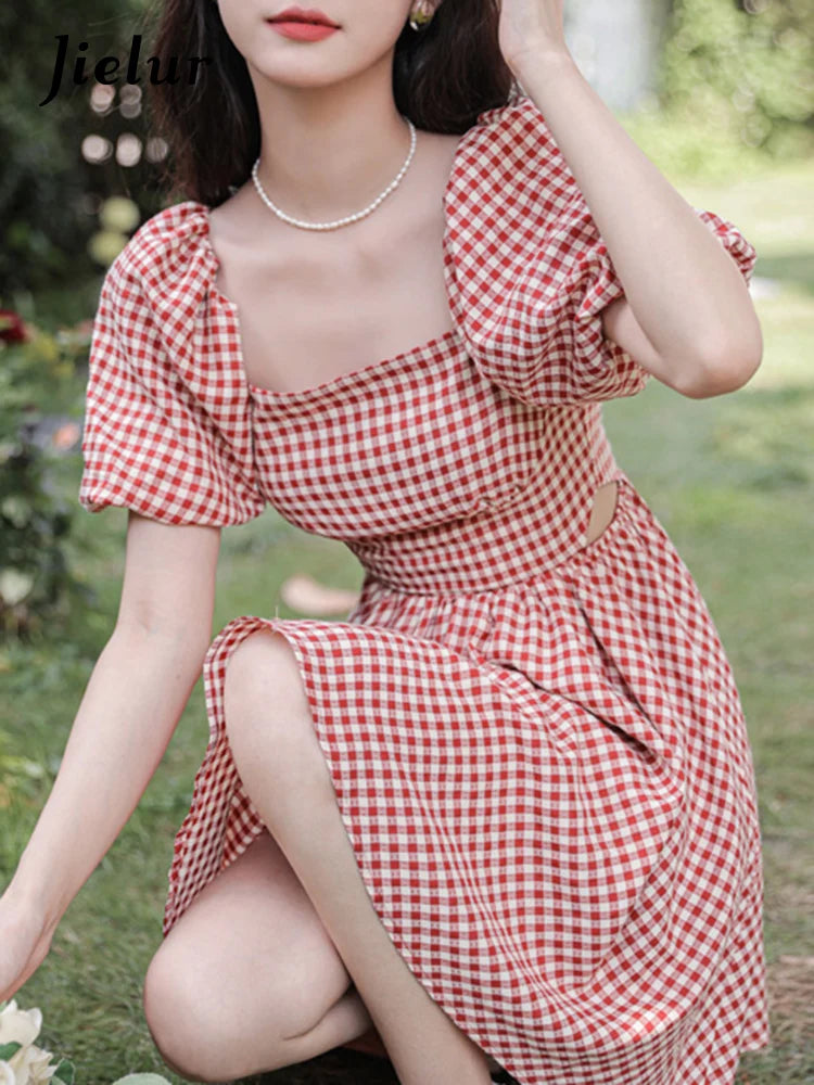 Red Plaid Puff Sleeve Ruffles Women's Dresses Hollow Square Neck Spell Color Female Dress Beach Style Vacation Chic Dress