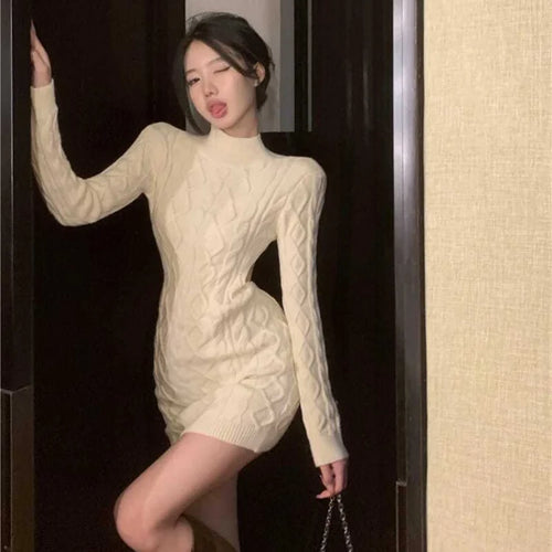 Load image into Gallery viewer, Sexy Backless White Knit Knitted Sweater Dress Women Korean Style Fashion Kpop Bodycon Slim Mini Short Dresses
