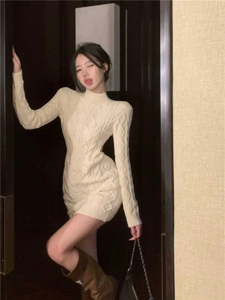 Sexy Backless White Knit Knitted Sweater Dress Women Korean Style Fashion Kpop Bodycon Slim Mini Short Dresses