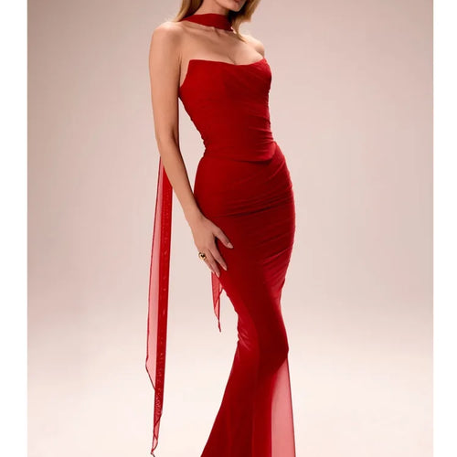 Load image into Gallery viewer, Elegant Strapless Top Half Long Skirt Set Women Sexy Backless Scarf Two-piece Set Party Club Evening Dress Spring 2025
