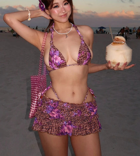 Flower Leopard Print 3-Piece Set Women Halter Bra+Strap Shorts+Folds Skirts Skinny Sexy Beach Party Matching Summer Suits