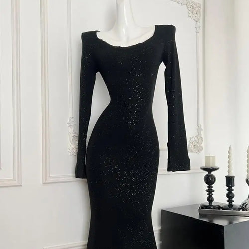 Load image into Gallery viewer, Vintage Women Korean Black Elegant Slim Sequined Fishtail Dress Autumn Grey Square Neck Long Sleeve Vacation Evening Party Dress
