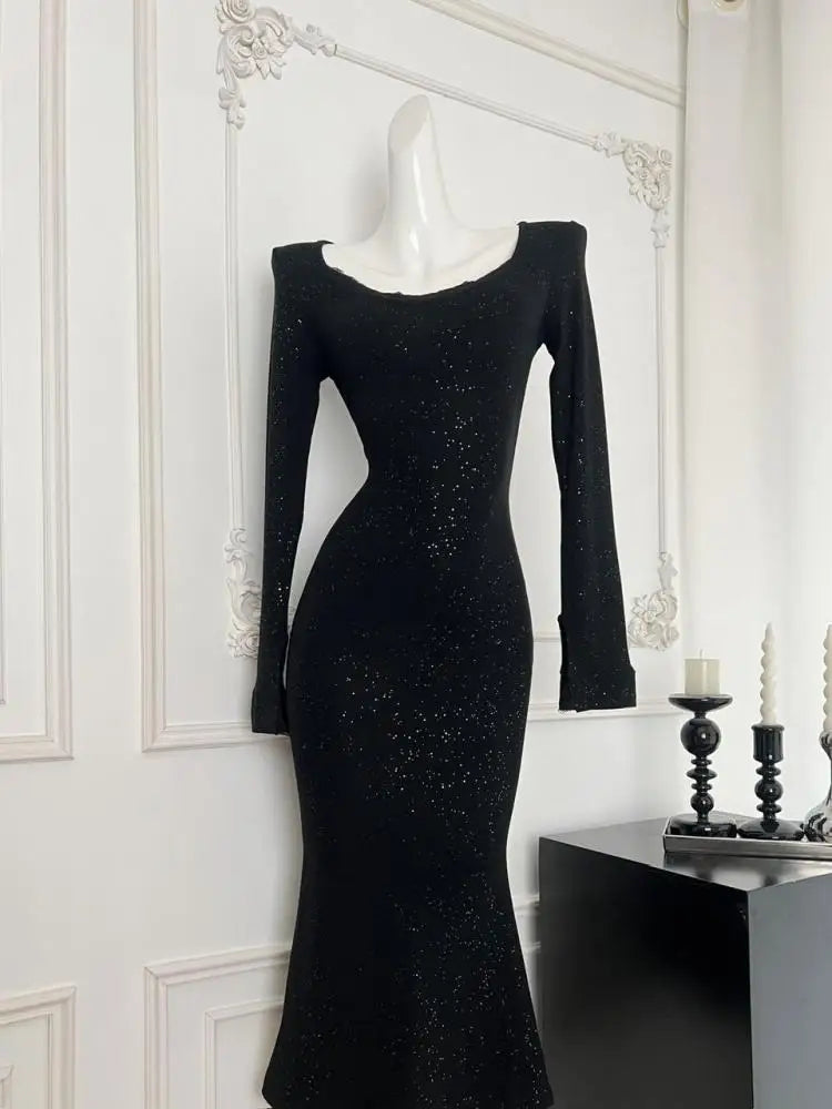 Vintage Women Korean Black Elegant Slim Sequined Fishtail Dress Autumn Grey Square Neck Long Sleeve Vacation Evening Party Dress