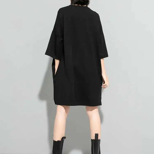 Load image into Gallery viewer, Women Black Zipper Big Size Dress New Round Neck Three-quarter Sleeve Loose Fit Fashion Tide Spring Autumn 2025 1DF5283
