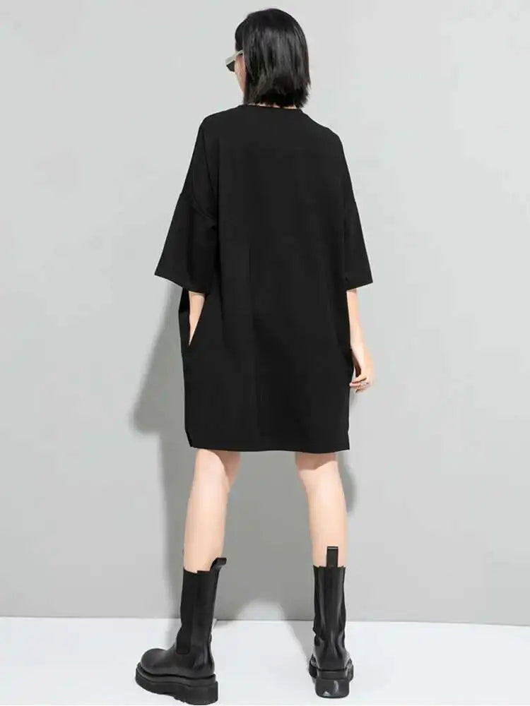 Women Black Zipper Big Size Dress New Round Neck Three-quarter Sleeve Loose Fit Fashion Tide Spring Autumn 2025 1DF5283