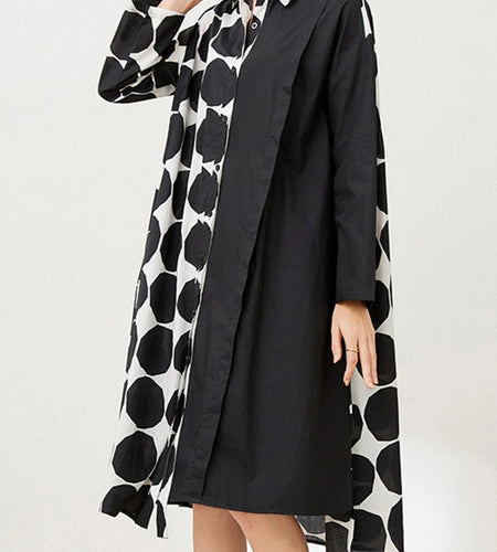 Women Black Dot Printed Big Size Knee-length Shirt Dress New Lapel Long Sleeve Fashion Tide Spring Autumn 2025 1DJ1505