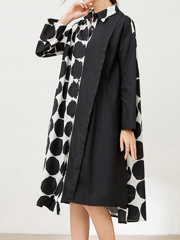 Women Black Dot Printed Big Size Knee-length Shirt Dress New Lapel Long Sleeve Fashion Tide Spring Autumn 2025 1DJ1505