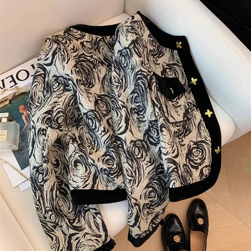 Load image into Gallery viewer, 2024 Spring Autumn Women&#39;s Black Print Patchwork Long Sleeve Coat Top New Retro Round Neck Single Breasted Cardigan Short Jacket

