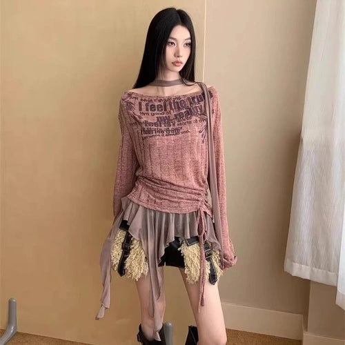 Load image into Gallery viewer, Vintage Patchwork Irregular Ruffled Tops Women Slash Neck Harajuku Drawstring Tshirts Y2k Aesthetic Letter Print Grunge T-shirts
