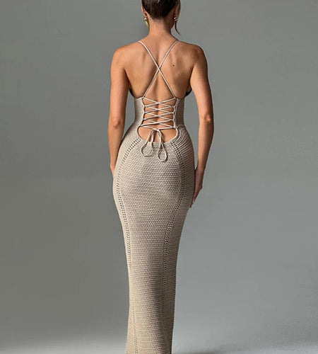 Women's Knitted Sweater Dress, Hollow Out Dress, Sexy Lace Up, Large Open Back, Evening Party, Club, New, 2024, Summe