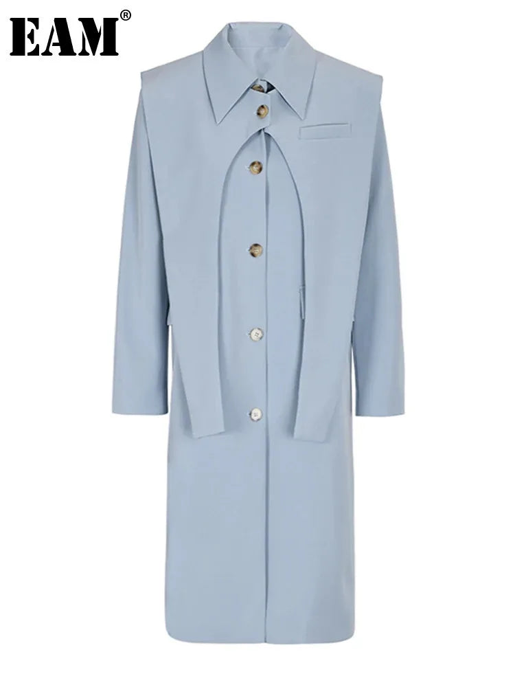 Women Blue Irregular Big Size Long Blazer New Lapel Long Sleeve Loose Fit Jacket Fashion Tide Spring Autumn 2025 7AB039