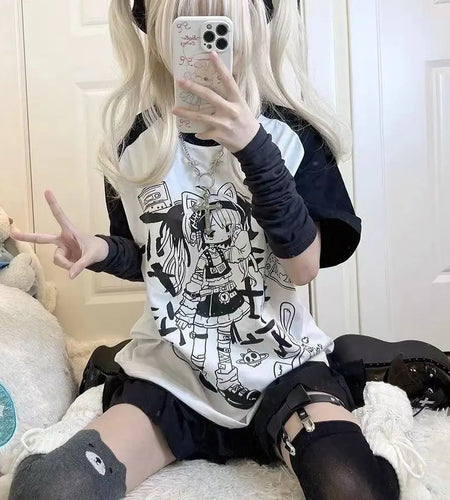 Oversized T Shirts for Women Summer Tees Y2k Tops Short Sleeve O-neck Anime Print Camisetas Casual Chic Cute Japanese T-shirts