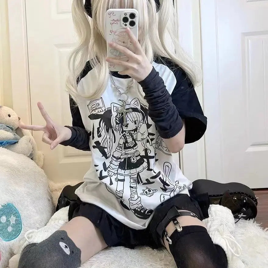 Oversized T Shirts for Women Summer Tees Y2k Tops Short Sleeve O-neck Anime Print Camisetas Casual Chic Cute Japanese T-shirts