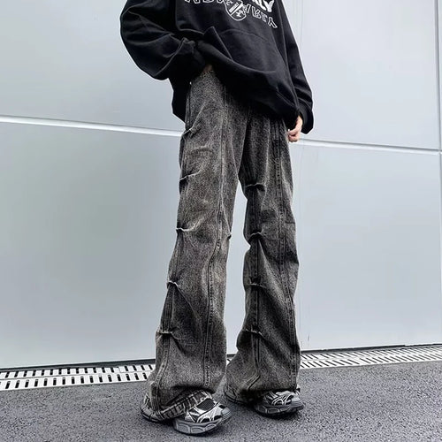 Load image into Gallery viewer, High Street Men&#39;s Denim Pants Pleated Design Solid Color Trousers Straight Wide Leg Loose Male Bottom Streetwear 9C9271
