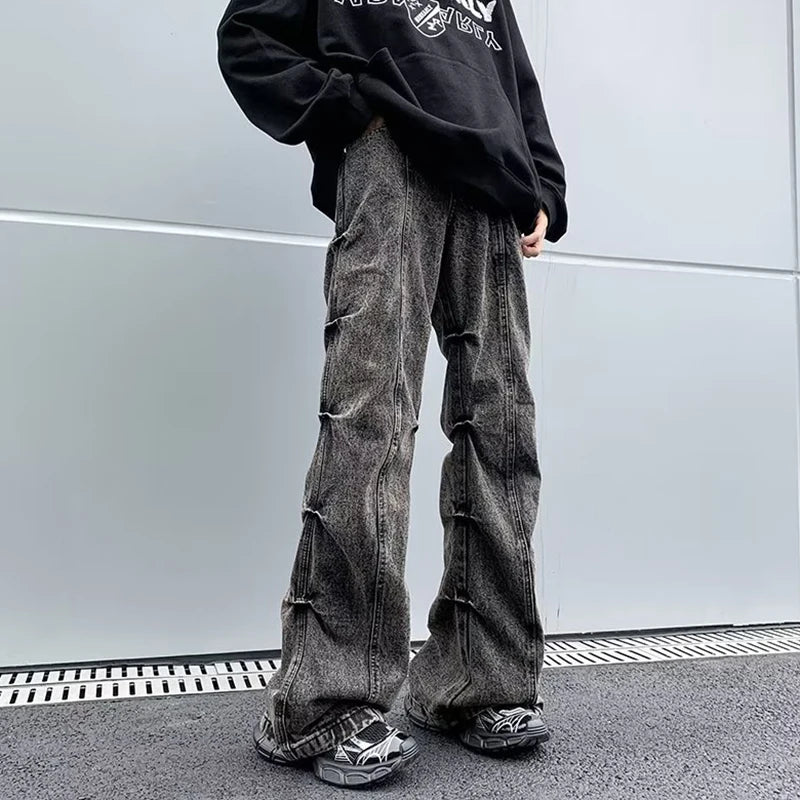 High Street Men's Denim Pants Pleated Design Solid Color Trousers Straight Wide Leg Loose Male Bottom Streetwear 9C9271