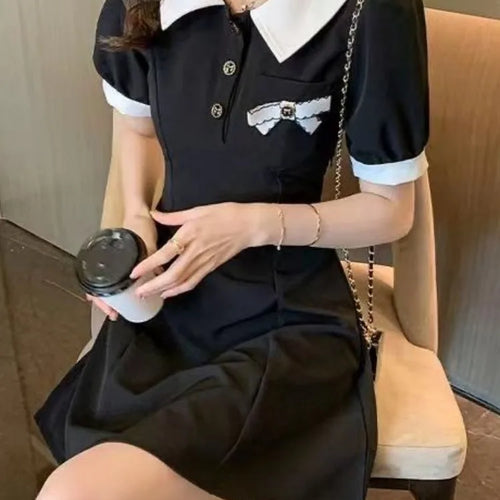 Load image into Gallery viewer, School Black Dress Soft Girls Sweet Preppy Style Student Polo Collar Kawaii Mini Short Dresses Autumn Korean Fashion
