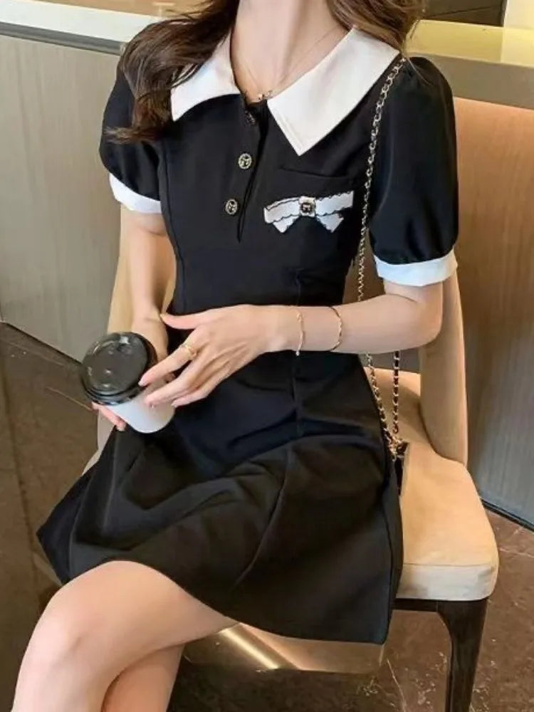 School Black Dress Soft Girls Sweet Preppy Style Student Polo Collar Kawaii Mini Short Dresses Autumn Korean Fashion