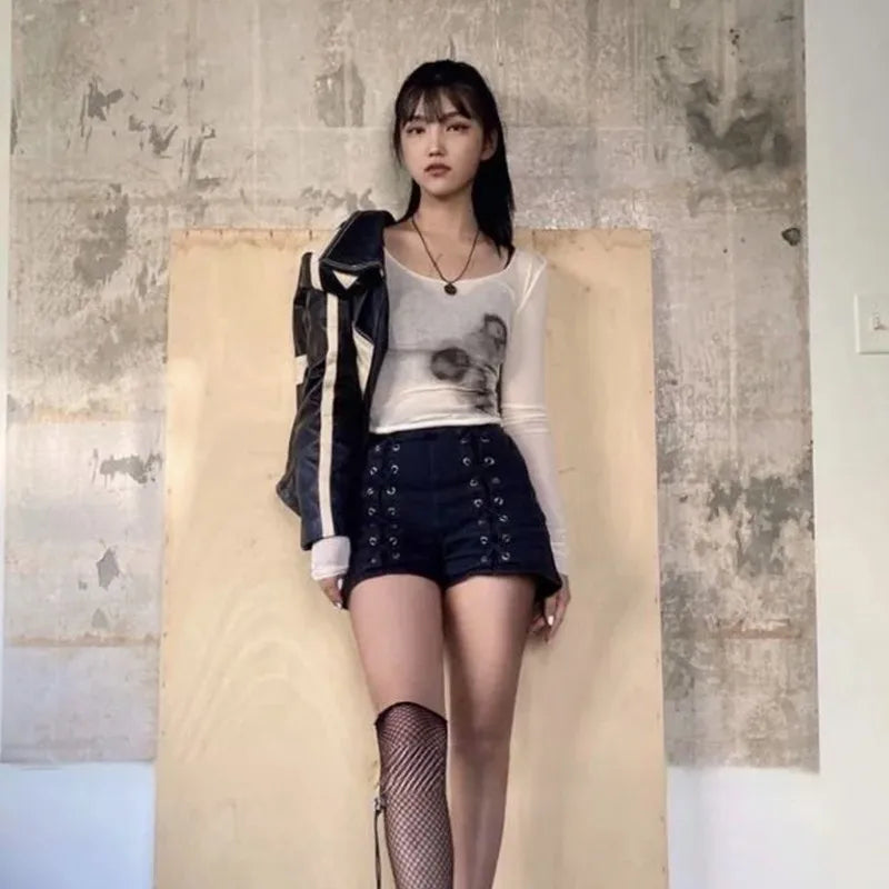 Japanese Y2k Mesh Top Trashy 2000s See Through Crop Top Vintage Harajuku Tattoo Print Sheer Top Grunge Aesthetics Korean