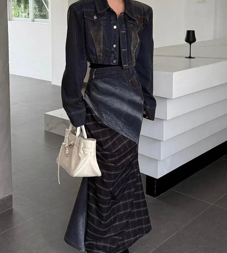 Cowboy Two Piece Sets for Women Lapel Long Sleeves Short Jacket High Waist Patchwork Plaid Skirt Fashion Set Female