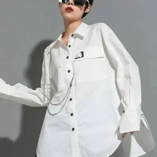 Load image into Gallery viewer, Women Black Metal Chain Long Big Size Blouse New Lapel Long Sleeve Loose Fit Shirt Fashion Tide Spring Autumn 2025 1DF1322
