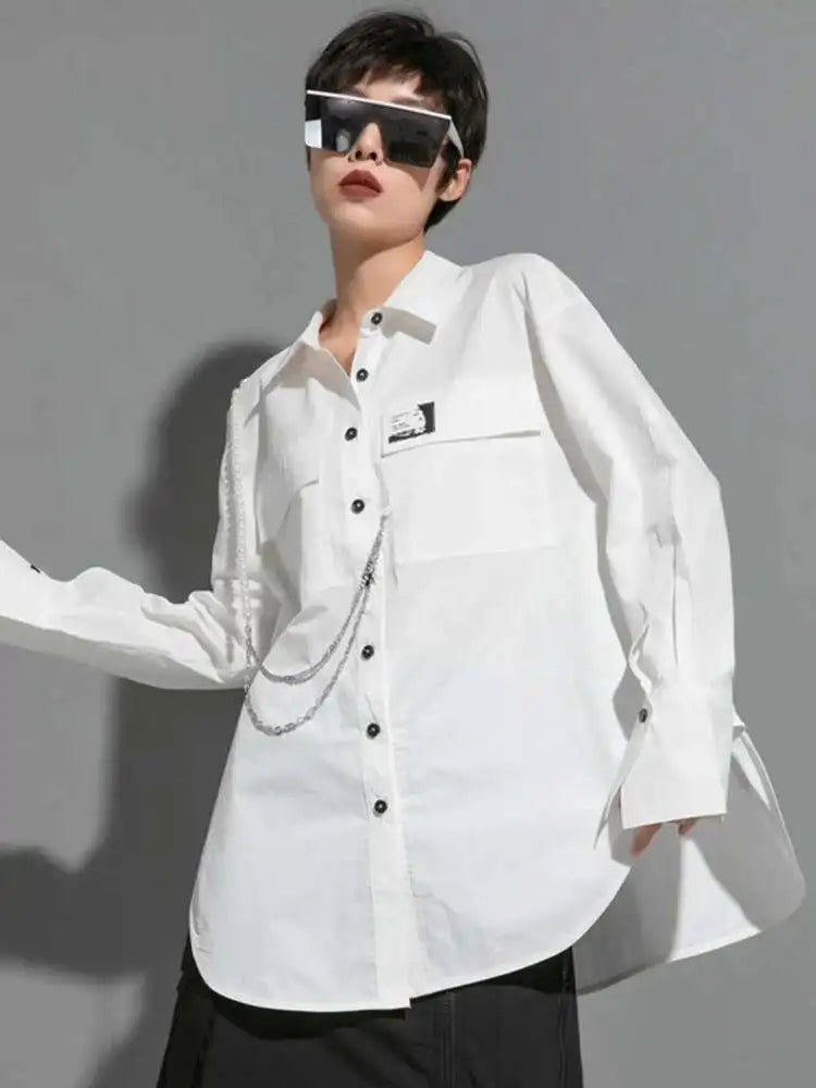 Women Black Metal Chain Long Big Size Blouse New Lapel Long Sleeve Loose Fit Shirt Fashion Tide Spring Autumn 2025 1DF1322