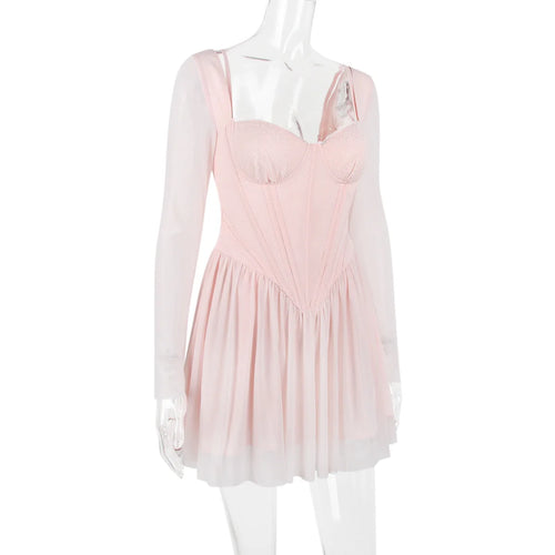 Load image into Gallery viewer, Lace Mesh Backless Sexy Mini Dress For Women Zipper Fishbone Square Collar Long Sleeve Ruched Club Party Dress New
