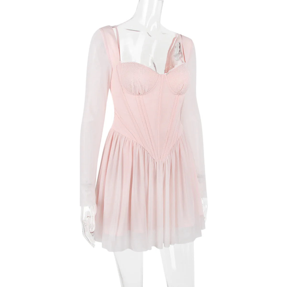 Lace Mesh Backless Sexy Mini Dress For Women Zipper Fishbone Square Collar Long Sleeve Ruched Club Party Dress New