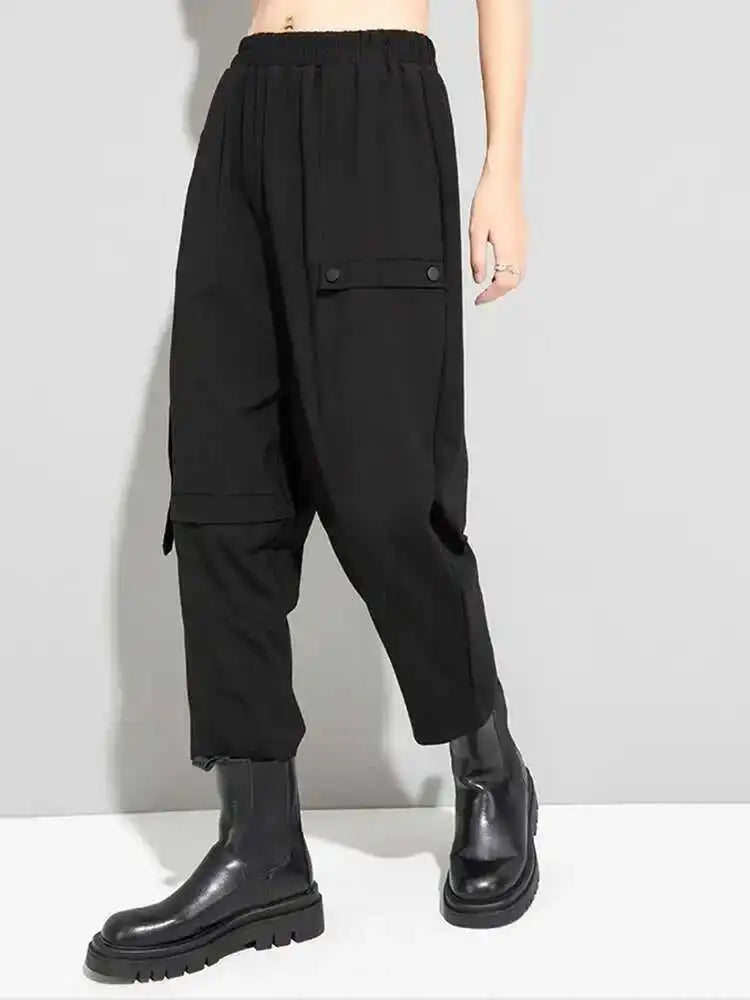 High Elastic Waist Black Button Long Harem Trousers New Loose Fit Pants Women Fashion Tide Spring Autumn 2025 1DE6299