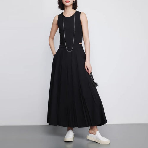 Load image into Gallery viewer, Minimalist Pleated Dresses For Women Round Neck Sleeveless High Waist Pleated Off Shoulder Dress Female Fashion
