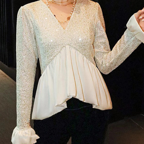 Load image into Gallery viewer, Solid Spliced Sequines Slimming T Shirts For Women V Neck Long Sleeve Temperament Patchwork Ruffle Top Female New

