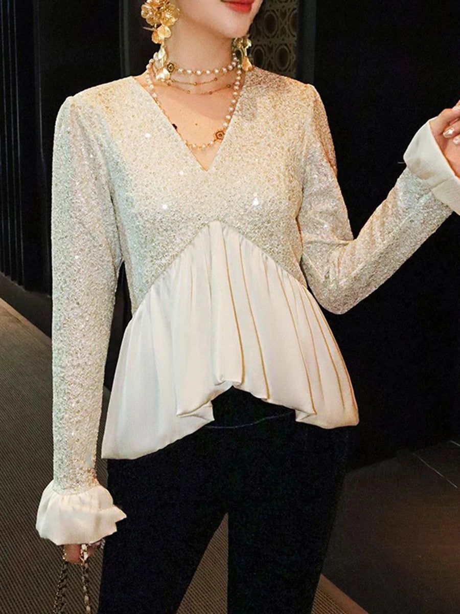 Solid Spliced Sequines Slimming T Shirts For Women V Neck Long Sleeve Temperament Patchwork Ruffle Top Female New