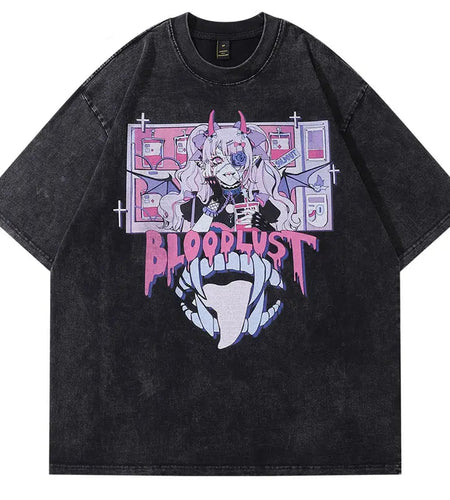Vintage Punk T-Shirt Hip Hop Japanese Anime Cartoon Devil Girl Teeth Graphic Print Washed Tshirt Harajuku Gothic Oversized Tops