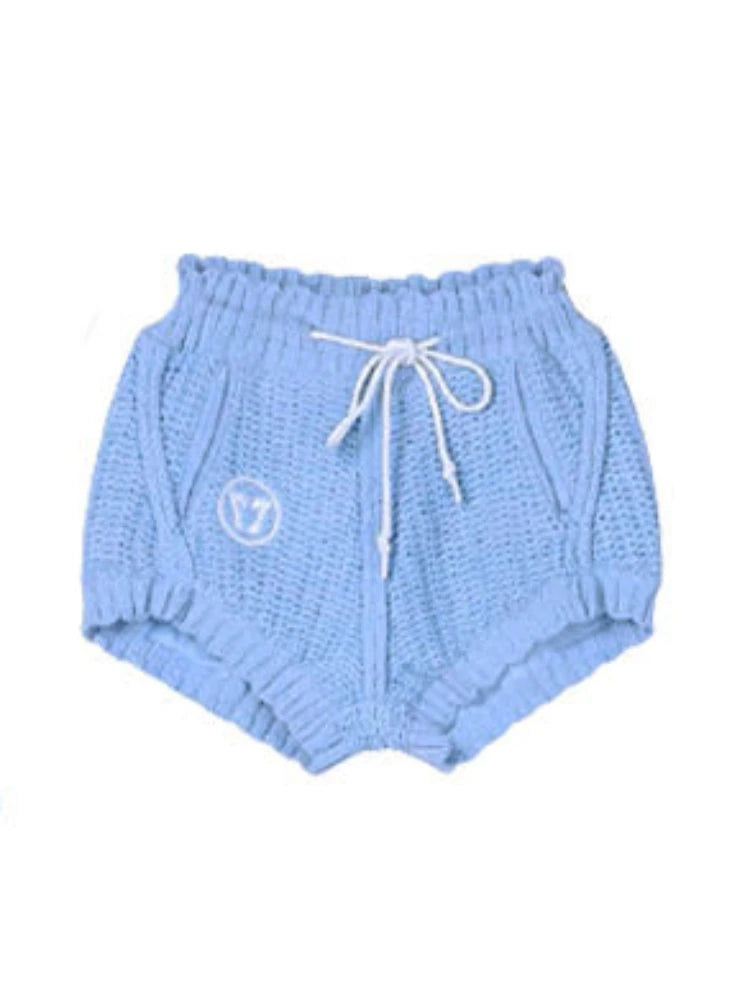 Y2k Two Pieces Sets Women Blue Knitted Cropped Cardigan +High Waist Shorts Korean Streetwear 2025 Spring Autumn Outfits