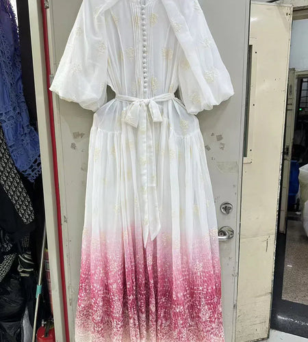 Gradient Spliced Embroidery Elegant Dresses for Women Round Neck Half Sleeves Patchwork Lace Up Dress Female New