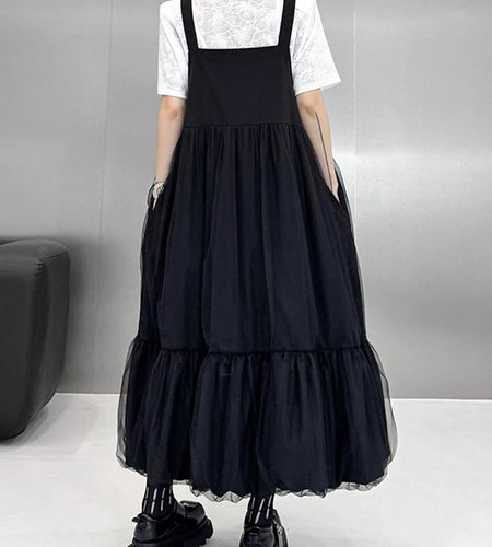 Women Black Buckle Mesh Big Size Midi Strap Dress New Square Collar Sleeveless Fashion Tide Spring Autumn 2025 1DJ1426