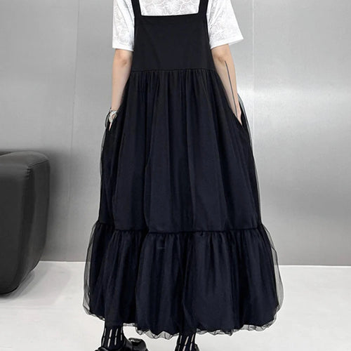 Load image into Gallery viewer, Women Black Buckle Mesh Big Size Midi Strap Dress New Square Collar Sleeveless Fashion Tide Spring Autumn 2025 1DJ1426
