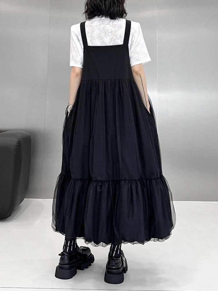 Women Black Buckle Mesh Big Size Midi Strap Dress New Square Collar Sleeveless Fashion Tide Spring Autumn 2025 1DJ1426