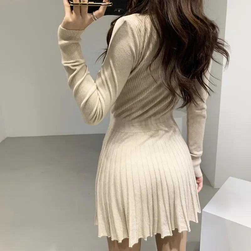 Vintage Knitted Pleated Dress Autumn Retro Casual Knitwear Sweater Mini Dress Long Sleeve Robe Femme Vestidos Clothes