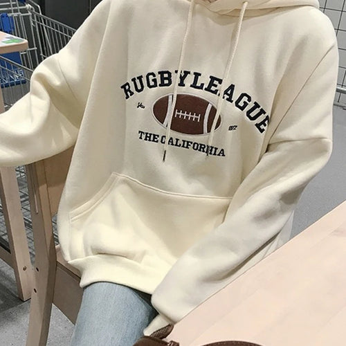 Load image into Gallery viewer, Rugby Fleece Women Hoodie Beige Gray Blue Loose Casual Korean Style Sweatshirt Hooded Pull
