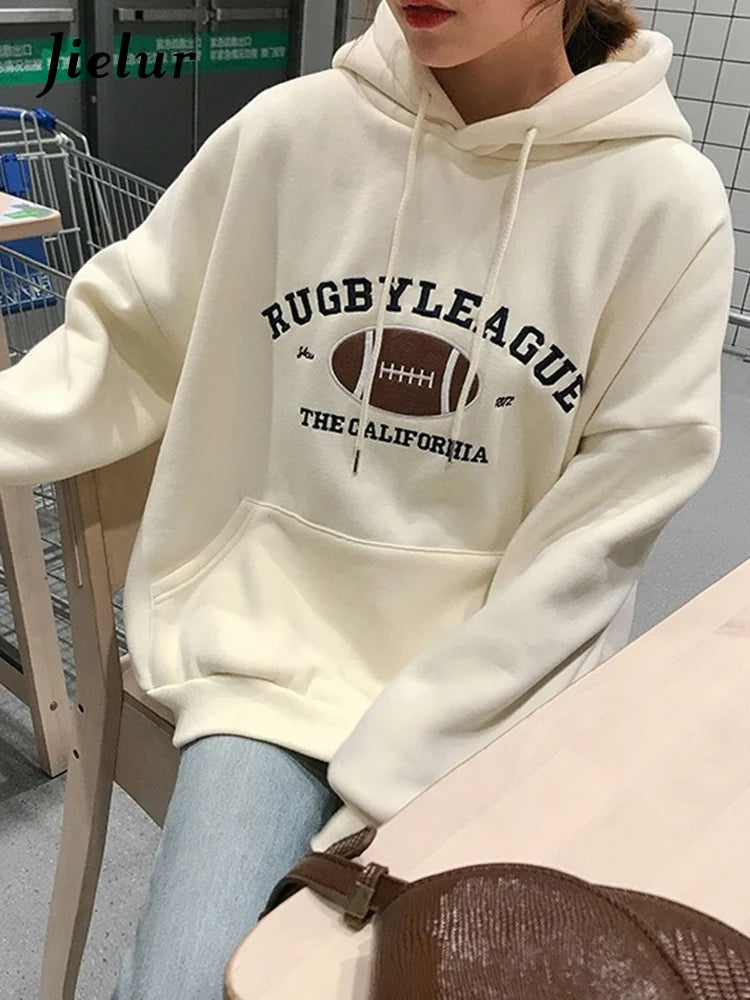 Rugby Fleece Women Hoodie Beige Gray Blue Loose Casual Korean Style Sweatshirt Hooded Pull