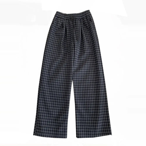 Load image into Gallery viewer, Retro Black Blue Plaid Drawstring Lace-up Thick Wide Leg Pant Winter High Waist Casual Loose Pleated Straight Trousers Street
